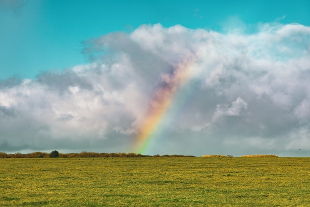 Bella ripresa di un campo erboso vuoto con un arcobaleno in lontananza sotto un cielo nuvoloso blu