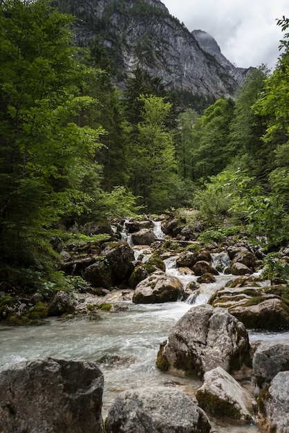 Bella ripresa di un fiume che scorre in un paesaggio di montagna a Wetterstein, in Germania