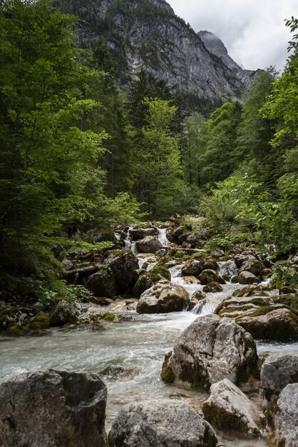 Bella ripresa di un fiume che scorre in un paesaggio di montagna a Wetterstein, in Germania