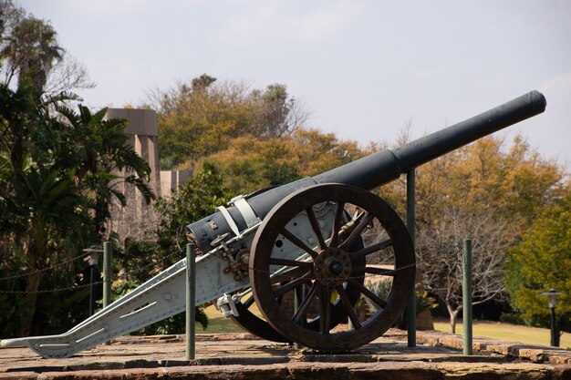 Bella ripresa di un vecchio cannone in un parco visualizzato in una giornata di sole