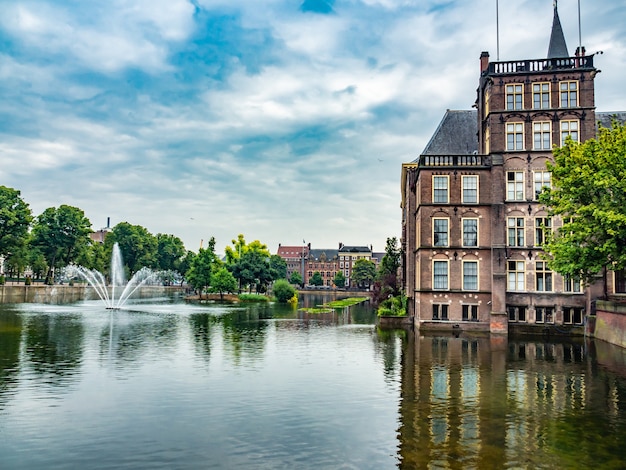 Bella ripresa di uno stagno vicino al Binnenhof nei Paesi Bassi