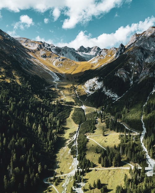 Bella ripresa verticale di foreste, montagne e cielo nuvoloso