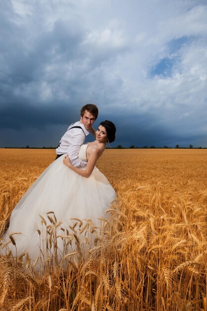 Bella sposa e sposo nel campo di grano. Felicità e matrimonio