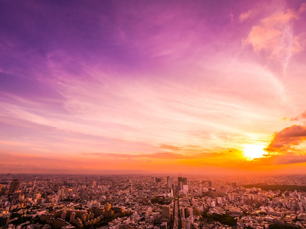 Bella vista aerea di architettura e costruzione intorno alla città di Tokyo a tempo di tramonto