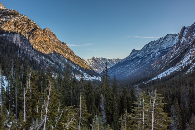 Bella vista su alte montagne rocciose e innevate e colline con una foresta