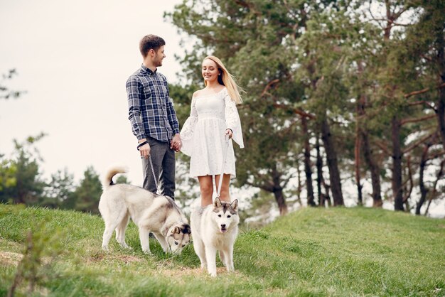 Belle coppie in una foresta di estate con cani