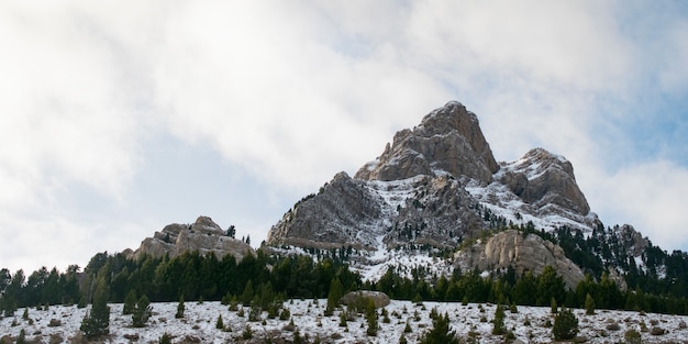 Bellissima catena montuosa ricoperta di neve avvolta nella nebbia - ottimo per un ambiente naturale