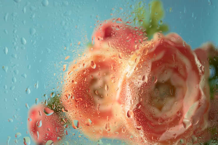 Foto gratuito bellissimi fiori visti dietro il vetro dell'umidità