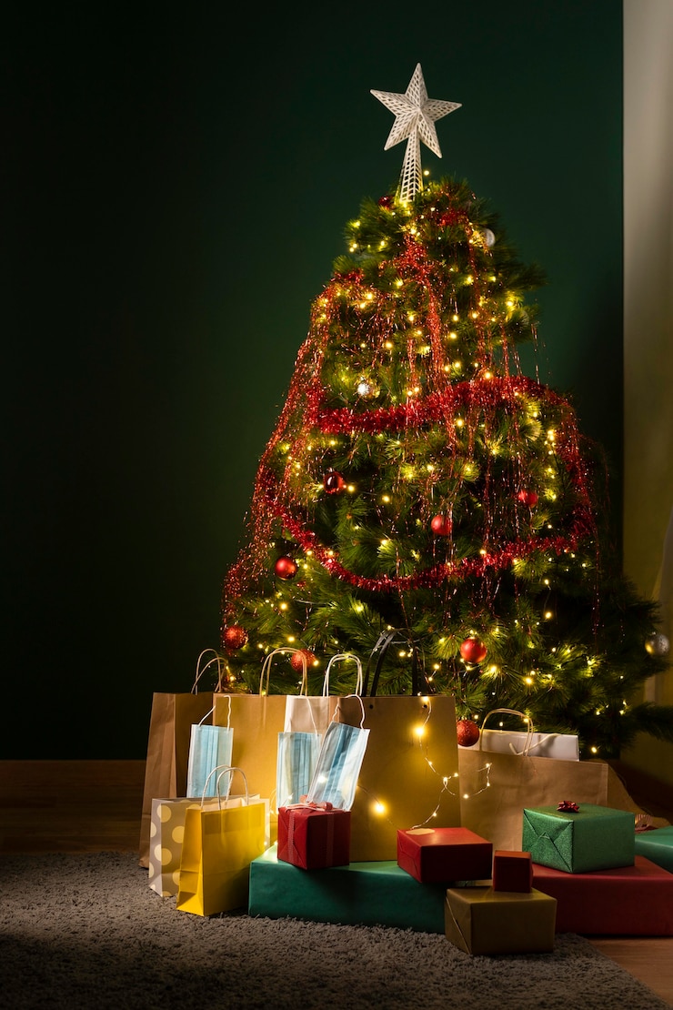 Foto gratuito bellissimo albero di natale con copia spazio