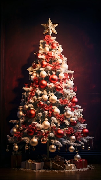 Bellissimo albero di Natale decorato con un sacco di ornamenti