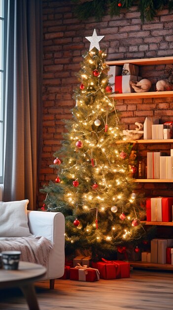Bellissimo albero di Natale decorato con un sacco di ornamenti
