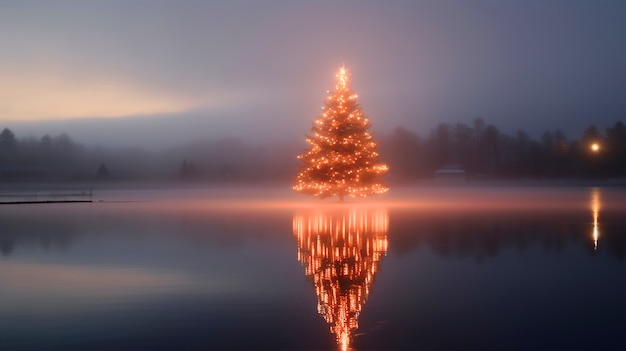Bellissimo albero di Natale in riva al lago