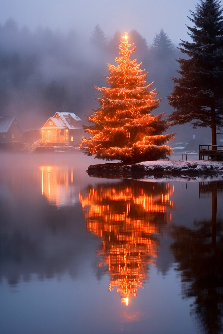 Foto gratuito bellissimo albero di natale in riva al lago
