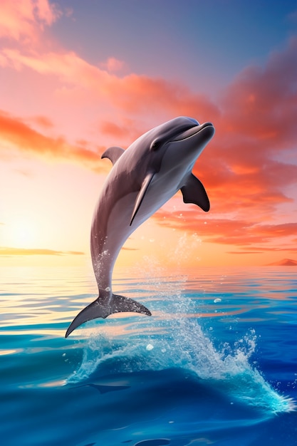 Bellissimo delfino che nuota al tramonto