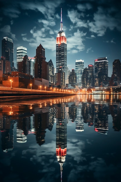 Bellissimo e luminoso Empire State Building di notte