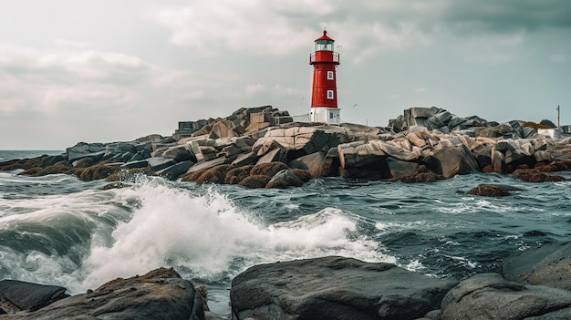 Bellissimo faro rosso e bianco sulle rocce con una forte immagine generata dall'IA delle onde del mare