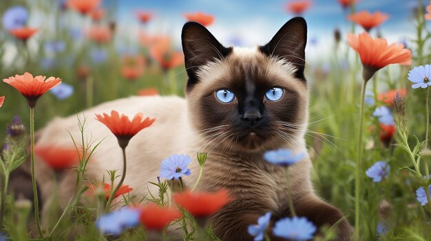 Bellissimo gattino con fiori all'aperto