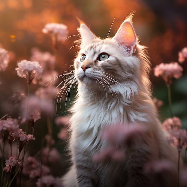 Bellissimo gattino con fiori all'aperto