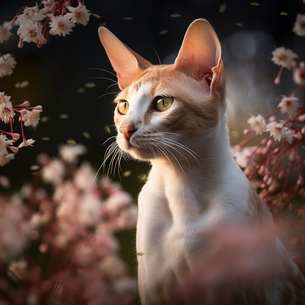 Bellissimo gattino con fiori all'aperto