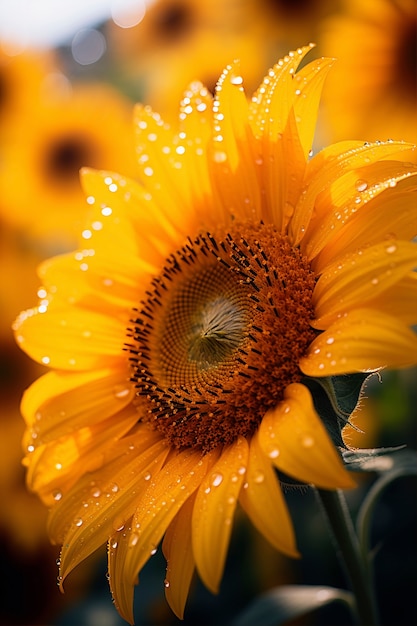 Bellissimo girasole con gocce d'acqua