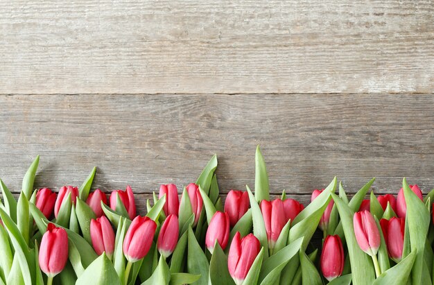 Bellissimo mazzo di tulipani su fondo in legno