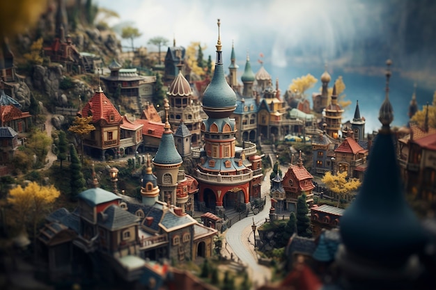 Bellissimo paesaggio fantasy medievale con città