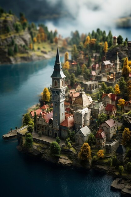 Bellissimo paesaggio fantasy medievale con città