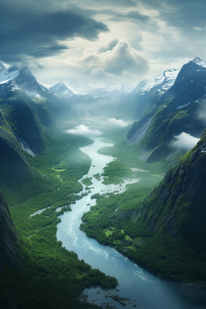 Bellissimo paesaggio naturale con fiume e montagne
