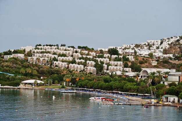 Bellissimo panorama marino della natura estiva del Mar Mediterraneo con palme Sfondo di viaggio in mare in Turchia