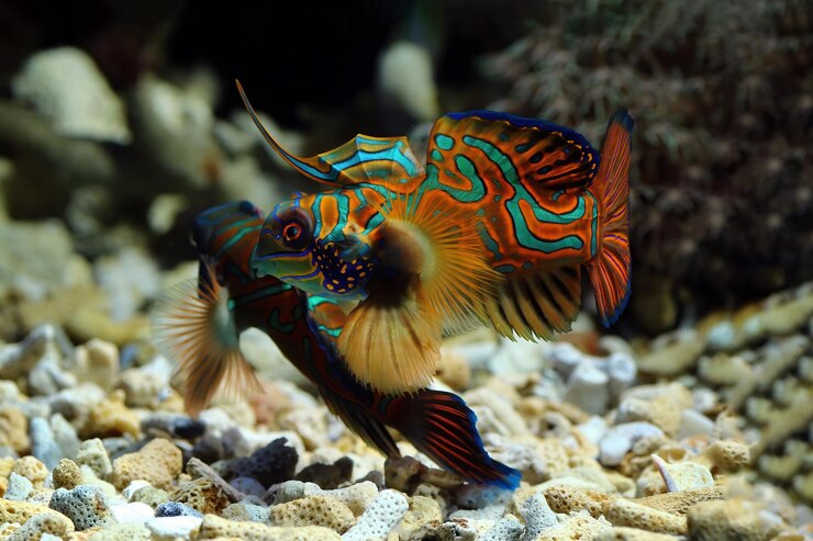 Foto gratuito bellissimo pesce mandarino colorato pesce mandarin colorato pesci mandarini in primo piano