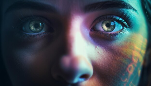 Bellissimo ritratto incandescente dell'iride blu dell'occhio umano generato dall'intelligenza artificiale