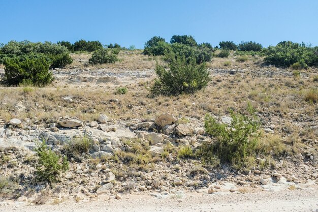 Bellissimo scatto del paesaggio del Texas occidentale con un cielo azzurro chiaro