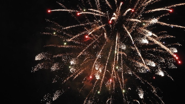 Bellissimo scatto di coloratissimi fuochi d'artificio che esplodono in un cielo nero