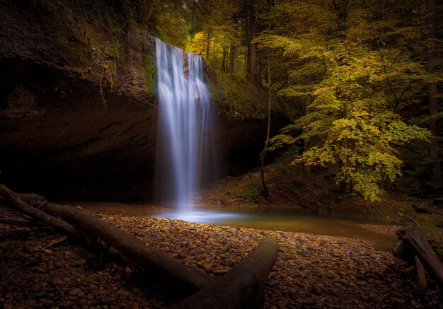 Bellissimo scatto di una cascata circondata da alberi autunnali e foglie in una foresta