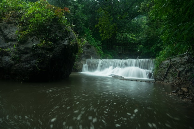 Bellissimo scatto di una cascata sotto il Meghalaya Double Root Bridge