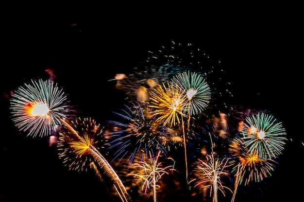 Bellissimo spettacolo pirotecnico colorato di notte per festeggiare