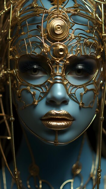 Bellissimo volto femminile realistico con casco poligonale meccanico realizzato con forme geometriche