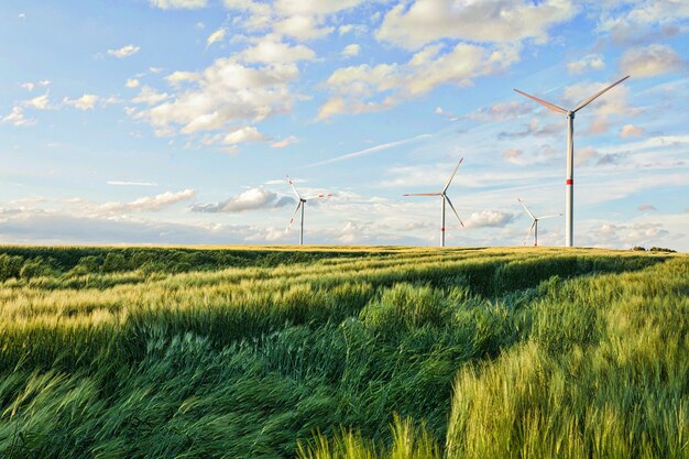 Bello colpo dei generatori eolici sotto il cielo nuvoloso nella regione Eiffel, Germania