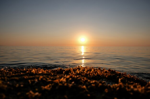 Bello colpo del mare con le onde e il sole a distanza con il chiaro cielo al tramonto