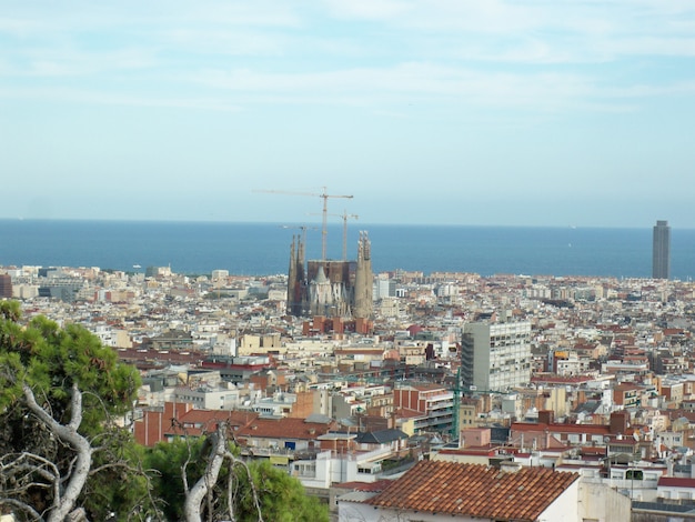 Bello colpo dell'angolo alto del parco storico Güell a Barcelonia, Catalogna, Spagna