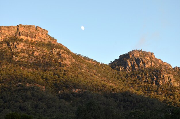Bello colpo delle montagne boscose sotto un chiaro cielo con una luna visibile di giorno