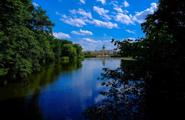 Bello colpo di acqua in mezzo agli alberi e ai piani con la costruzione nella distanza