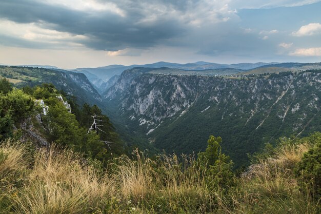 Bello colpo di un canyon nelle montagne e nel cielo nuvoloso