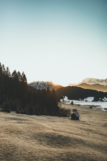 Bello colpo di una collina con alberi e una capanna di legno e montagne sullo sfondo