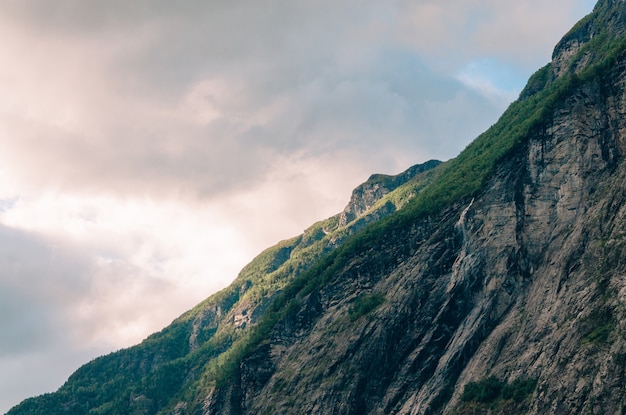 Bello colpo di una scogliera ripida con pianta su nelle montagne un giorno nuvoloso