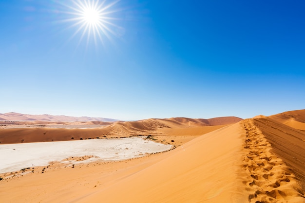 Bello paesaggio della sabbia arancio della duna di sabbia arancio al deserto di Namib nel parco nazionale Sossusvlei di Namib-Naukluft in Namibia.