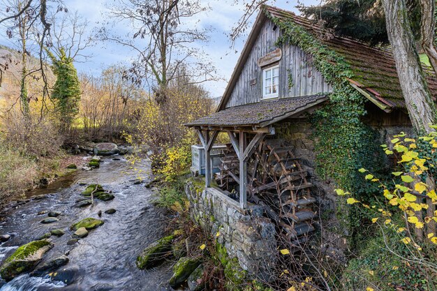 Bello scatto di una cabina di legno vicino a un fiume nelle montagne della Foresta Nera, Germania
