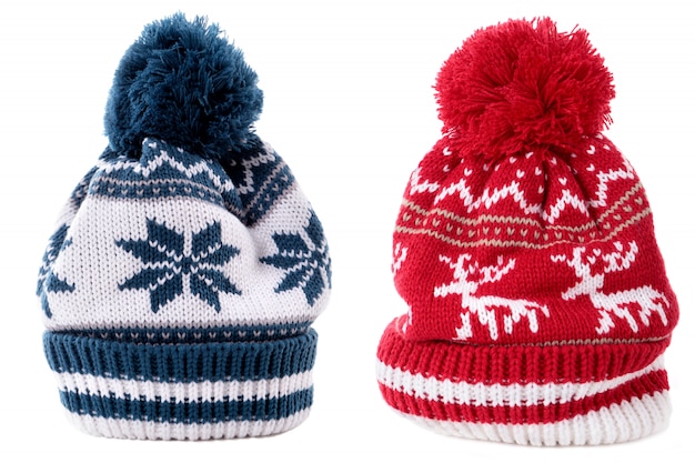 Bianco isolato cappello blu rosso dello sci del bobble di inverno