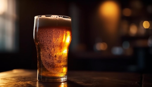 Bicchiere da birra schiumoso sul bancone bar in legno generato dall'intelligenza artificiale
