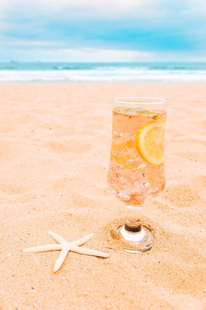 Bicchiere di bevanda fresca con fette di agrumi e stelle marine
